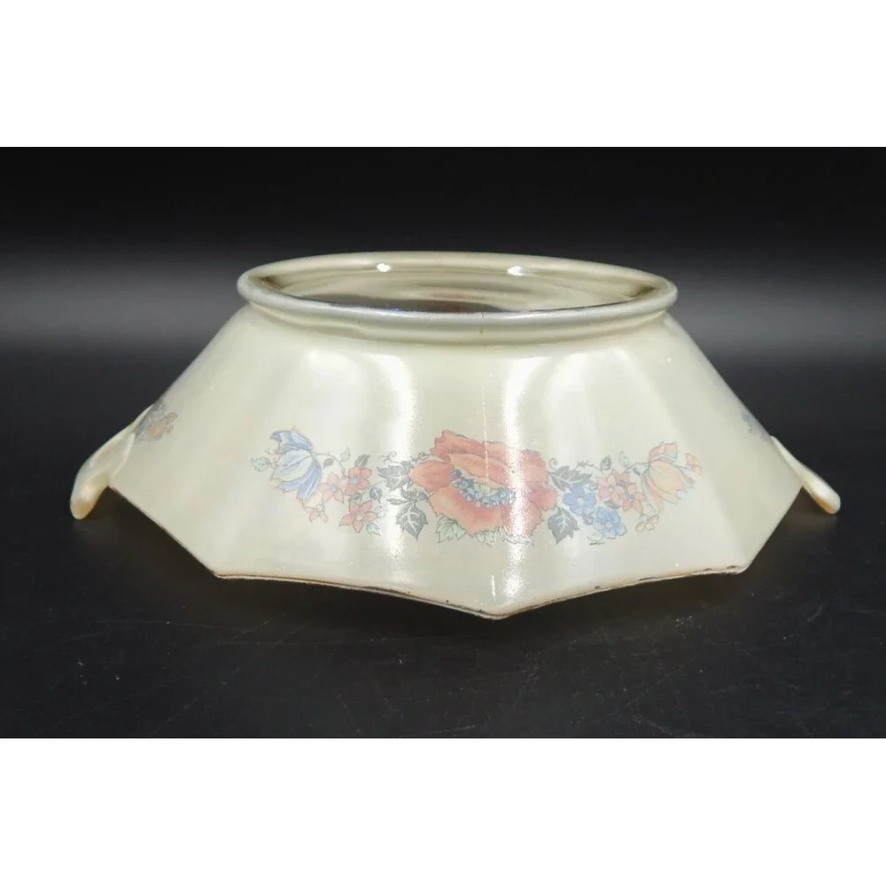 Glass Handled Serving Bowl Dish Floral Transfer Depression Glass 9 In Iridescent
